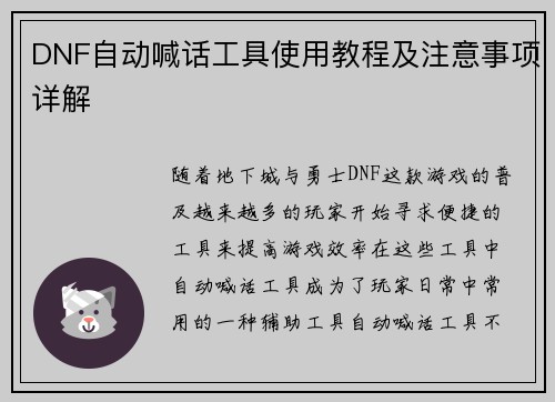 DNF自动喊话工具使用教程及注意事项详解